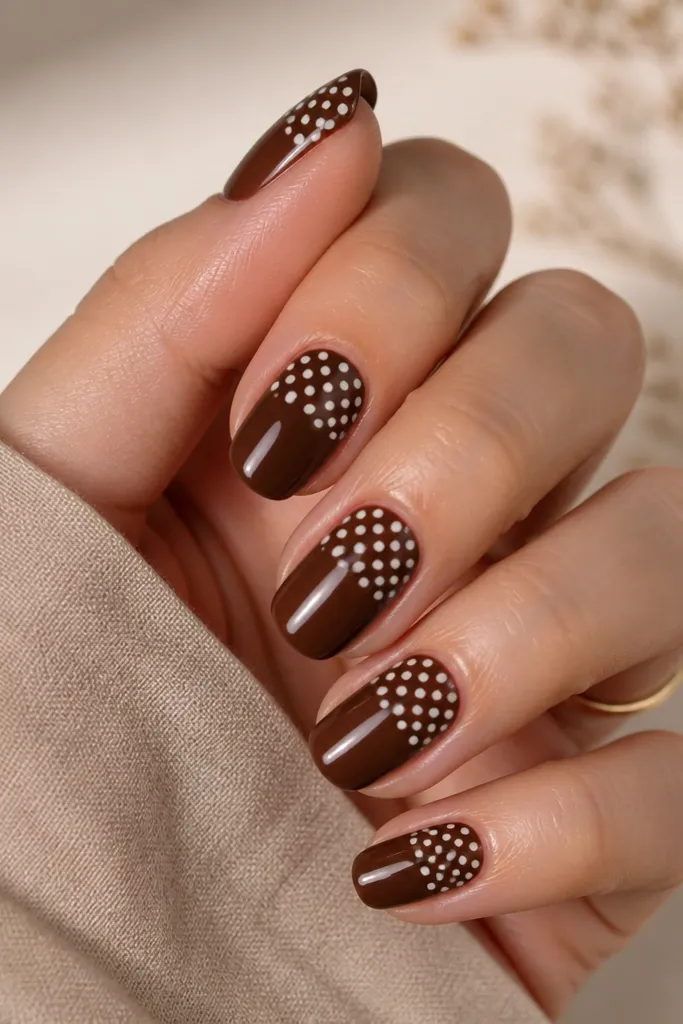 A glossy chocolate brown base with a half-sheet of white dots covering the top half of the nail only. The dots are consistent size and spaced evenly, leaving the bottom half solid brown.