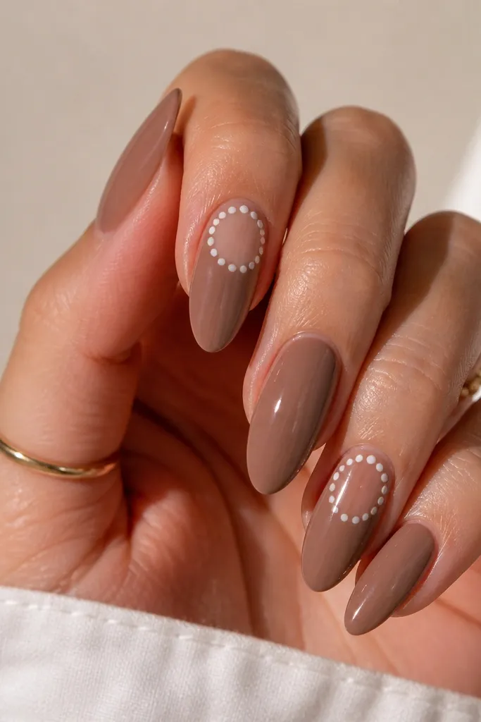 Mocha nude nails with a thin ring of white polka dots around a clear negative space circle near the center. The clear circle shows the natural nail, with glossy top coat everywhere else.
