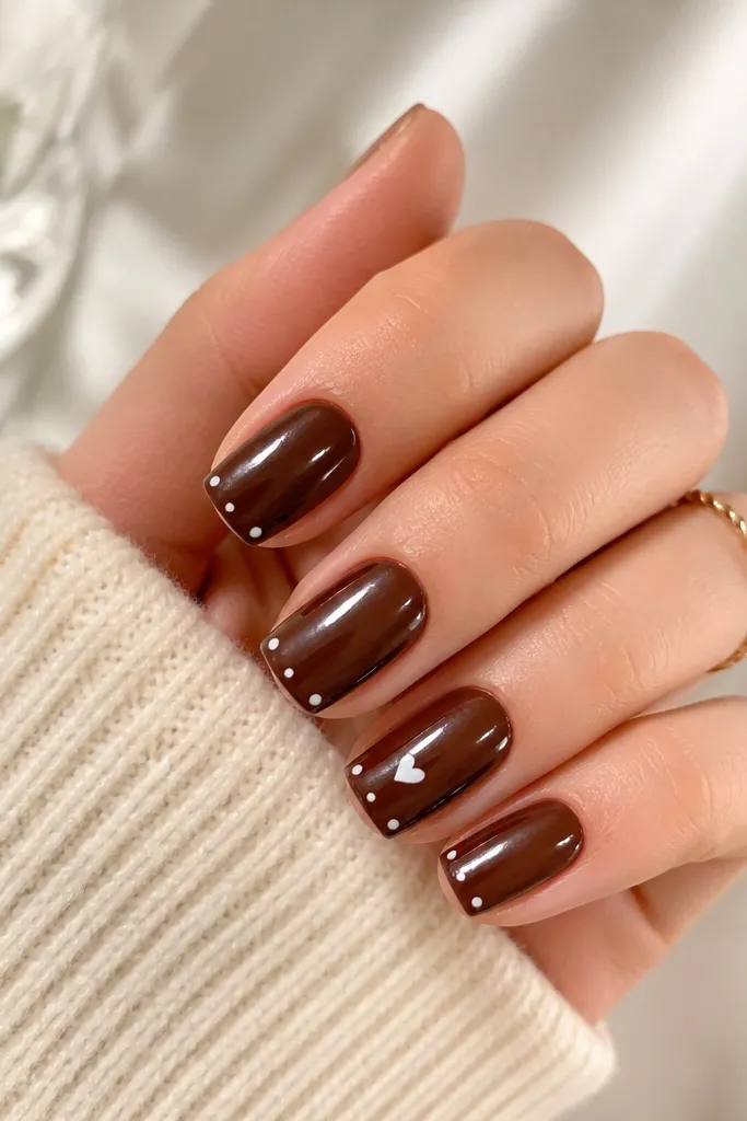 Walnut brown nails with two or three white polka dots near the tip corners. On the ring finger, one small white heart sits between the dots. Glossy finish.