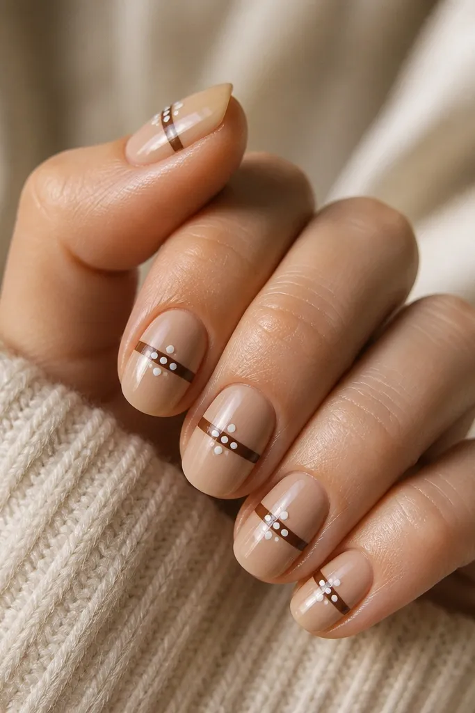 A nude base with thin espresso stripes running horizontally. Over one stripe, there's a white polka dot cross pattern on each nail, with glossy finish.