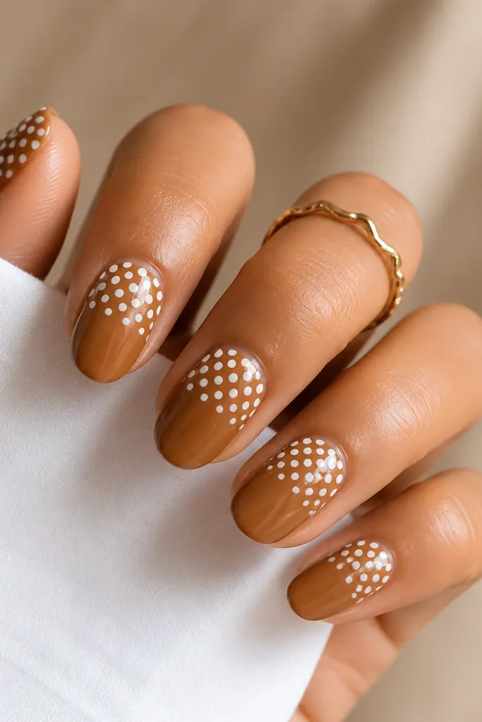 A glossy caramel brown base with the top third covered by a dense row of white polka dots, like a dotted French tip. The dots are medium size and evenly spaced.