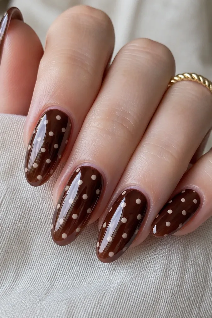 A deep brown jelly finish that looks slightly translucent. White polka dots look like they're floating under the surface, with glossy, thick gel shine.
