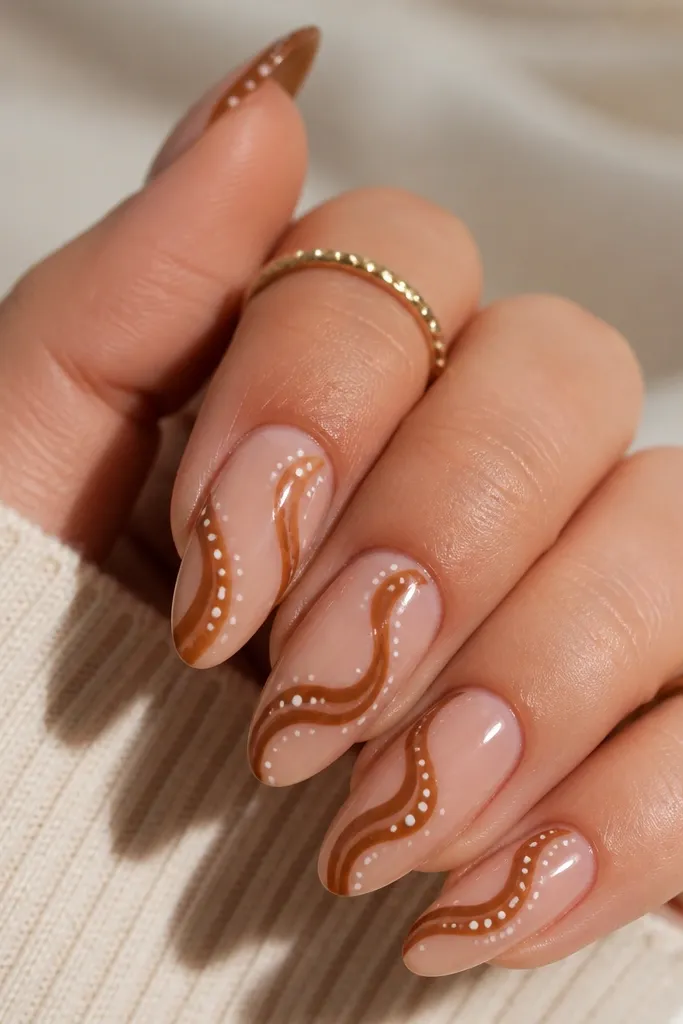 A caramel brown base with thin swirl lines in slightly darker caramel. Along the swirls, there are small white polka dots acting like stops at curve points. Glossy finish.