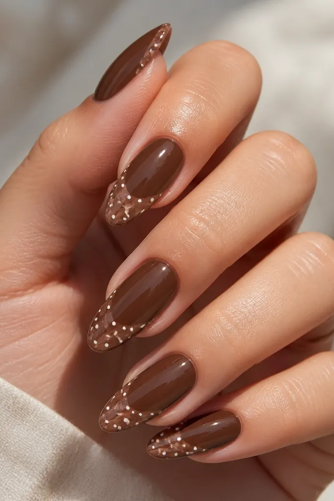 Most nails are solid chocolate brown. The tip area has a marbled effect in slightly lighter brown with small white polka dots scattered across the marble tip. Glossy finish.