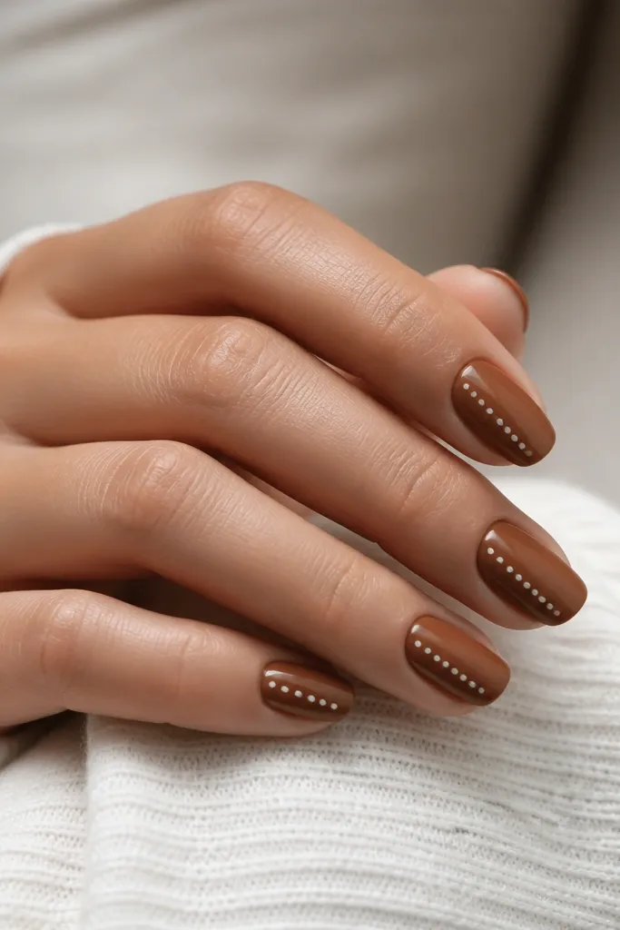 Toffee brown nails with a single vertical ladder of white polka dots running down one side near the outer edge. The dots are small and evenly spaced, glossy finish.