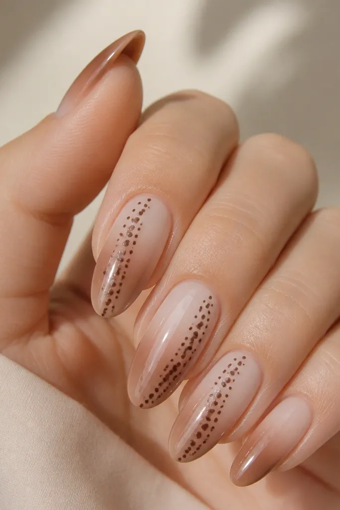 A nude ombré that fades into warm brown at the tips. White polka dots appear like a waterfall, starting larger near the cuticle and tapering smaller toward the tip edge. Glossy finish.