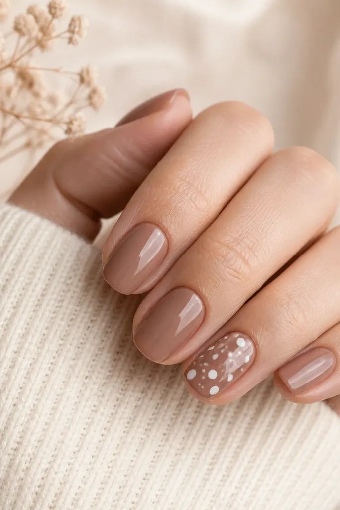 Most nails are a soft nude-brown glossy. One accent nail has scattered white polka dots like confetti, with a few dots larger than the rest. Clean cuticles.