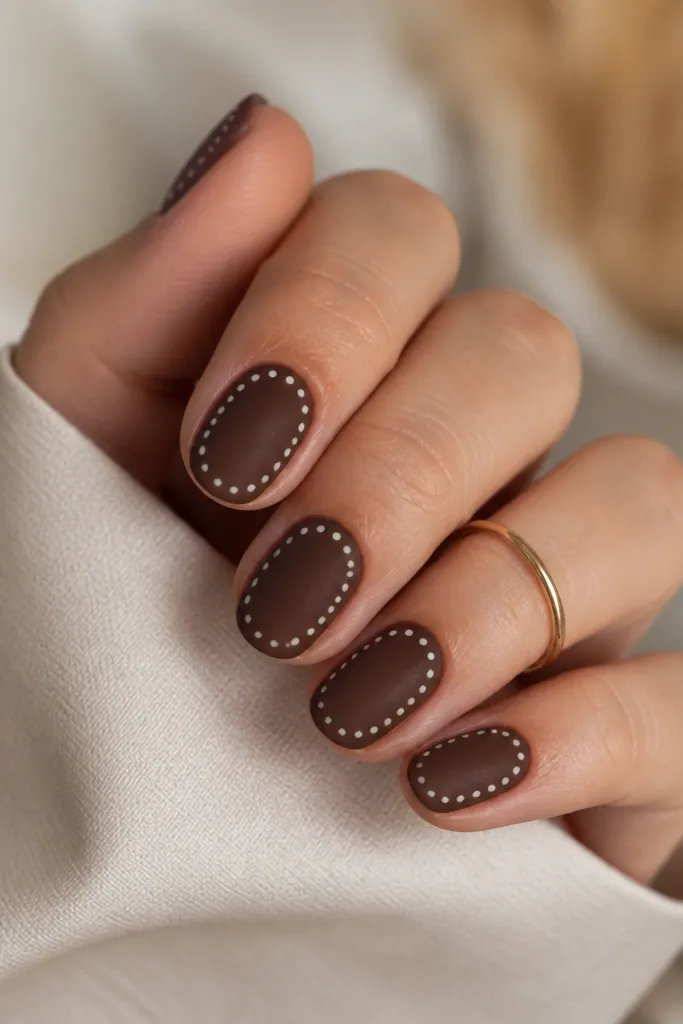 Matte espresso brown nails with a thin halo ring made of small white polka dots around the perimeter near the edge. The center stays solid brown, and the dots form a rounded outline. Matte overall.