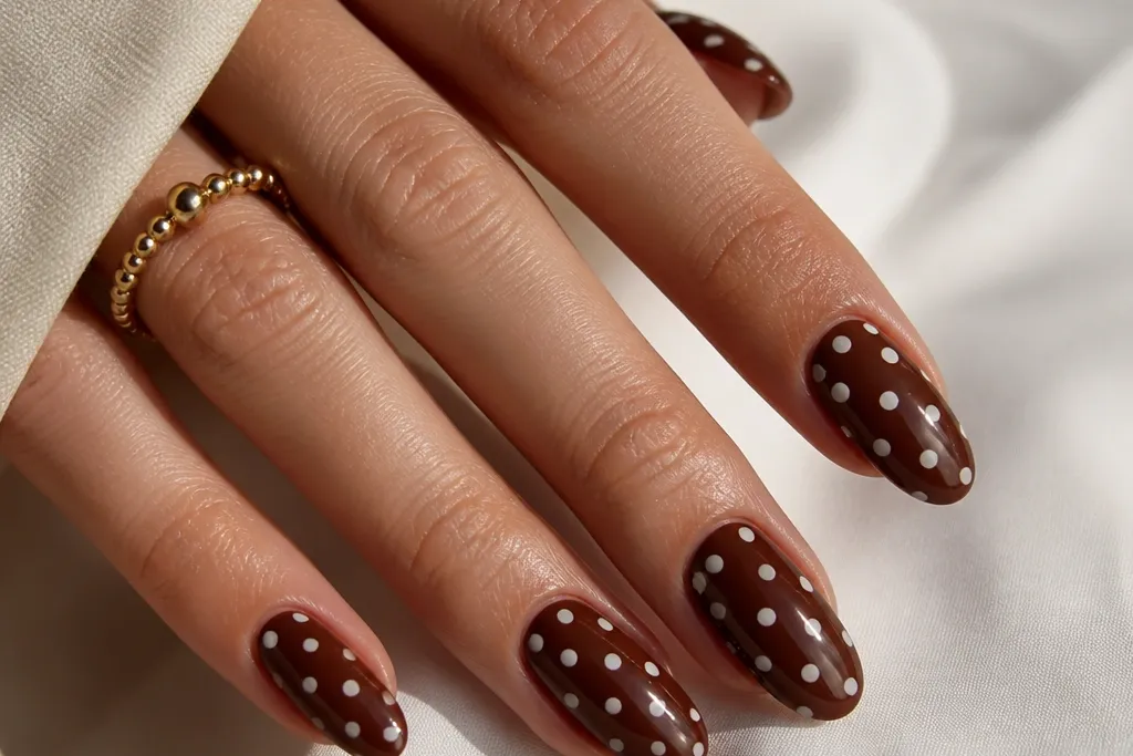 Aesthetic Brown With White Polka Dot Nails