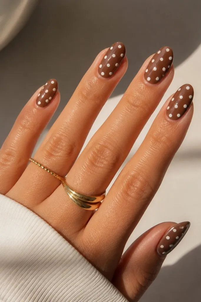 Aesthetic Brown With White Polka Dot Nails