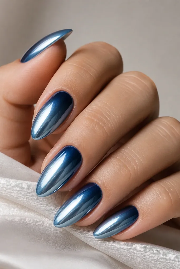 Medium almond nails with a smooth fade from deep navy at the cuticle area to steel blue at the tip; the entire nail has steel blue mirror chrome over the gradient.