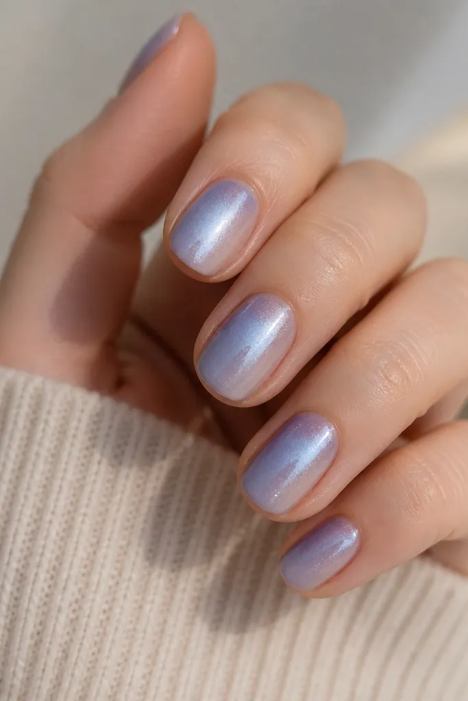 Short oval nails with periwinkle fading to milky clear; blue chrome powder is dusted mostly on the middle and tip with a frosted, not mirror, sheen.