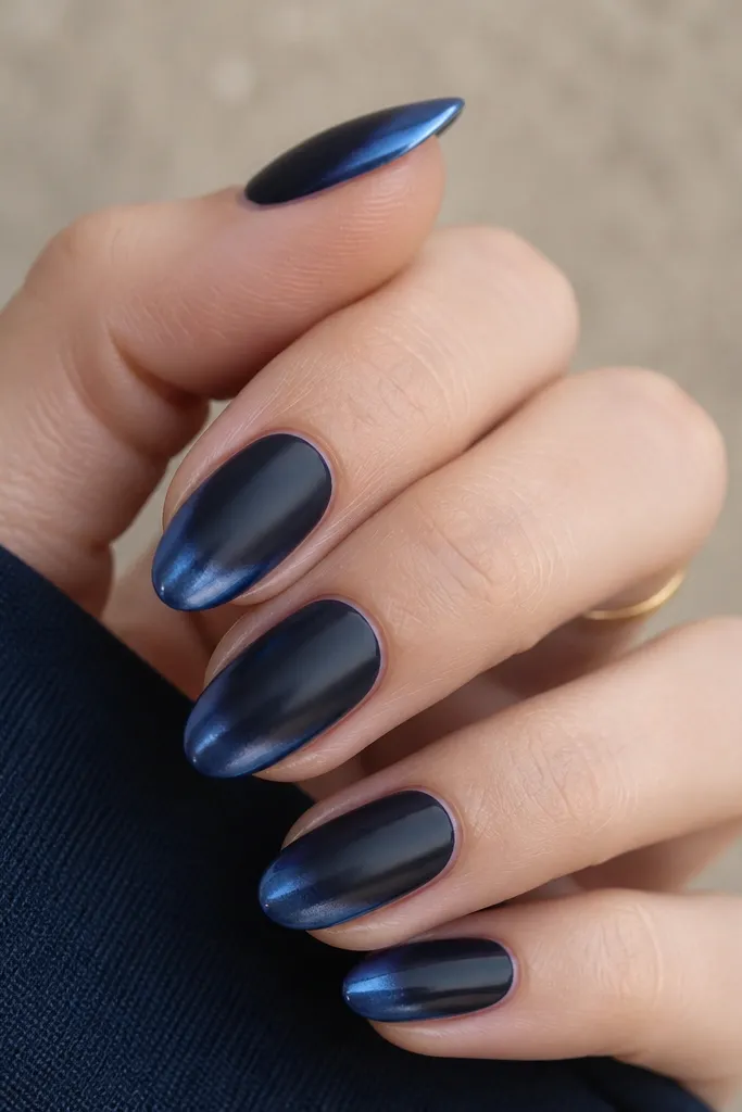 Short almond nails with midnight blue fading into deep navy; frosted blue chrome is only on the outer edges and tip, leaving the center darker and matte-glossy.
