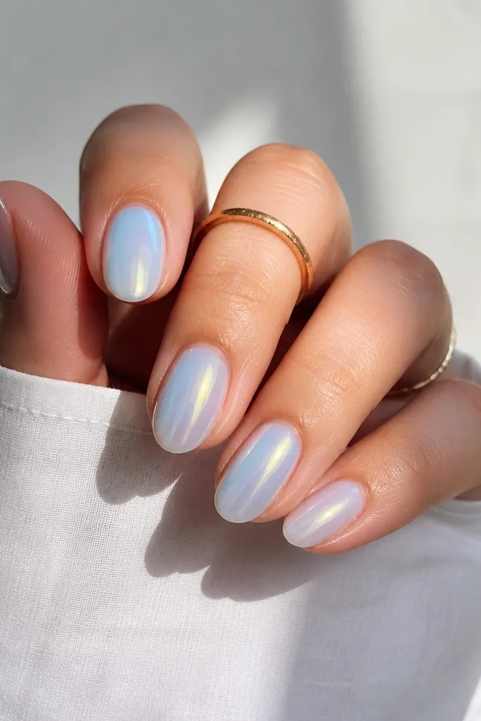 Medium oval nails with baby blue ombre fading into milky clear; opal chrome is sprayed over the whole nail for an iridescent pearl effect.