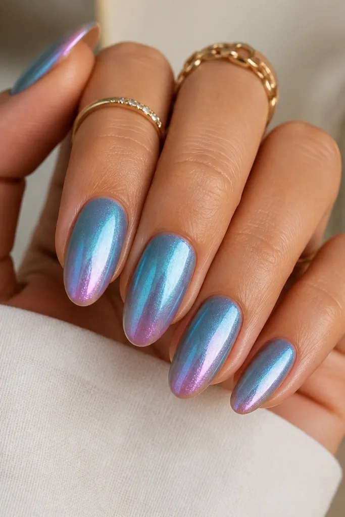 Medium almond nails with teal fading into a faint rose-pink toward the tip; blue chrome is dusted over the entire nail for a color-shift look.