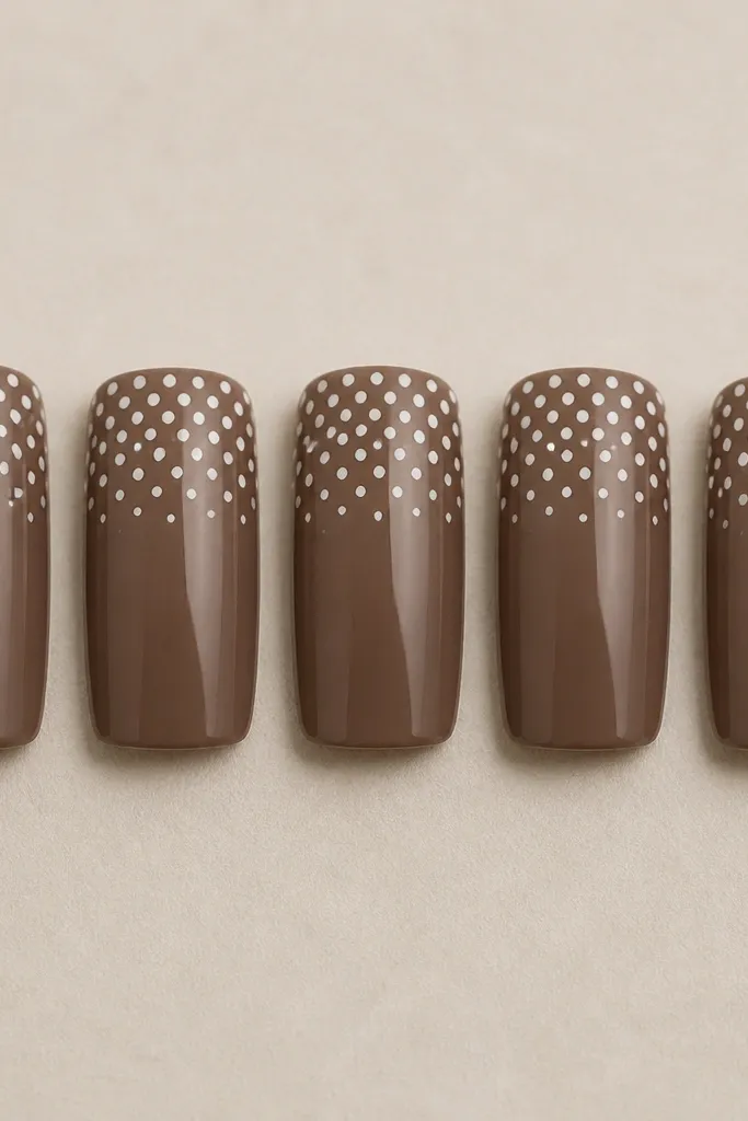 Five square nails on a light beige background. Each nail has a creamy cocoa-brown base. Only the top third has evenly spaced tiny white polka dots, like a neat sprinkle near the free edge.