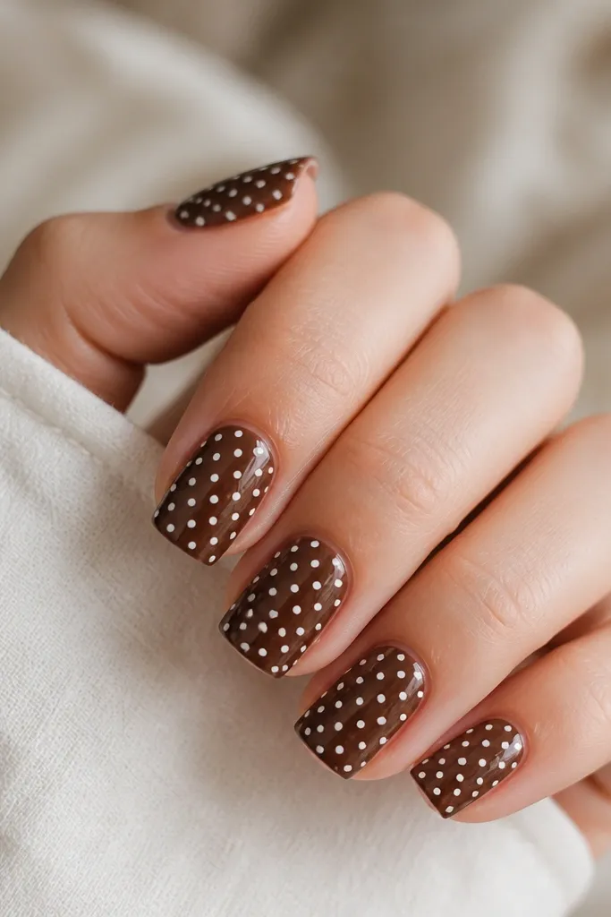 Five square nails with a glossy milk-chocolate brown background. White polka dots cover the entire nail in a uniform grid, with small-to-medium dots evenly spaced.