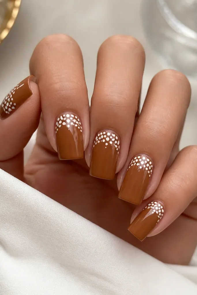 Square nails with a caramel-brown base. The bottom half is solid, and the top half has a soft half-moon of white dots clustered near the cuticle, leaving clear brown space in the center.