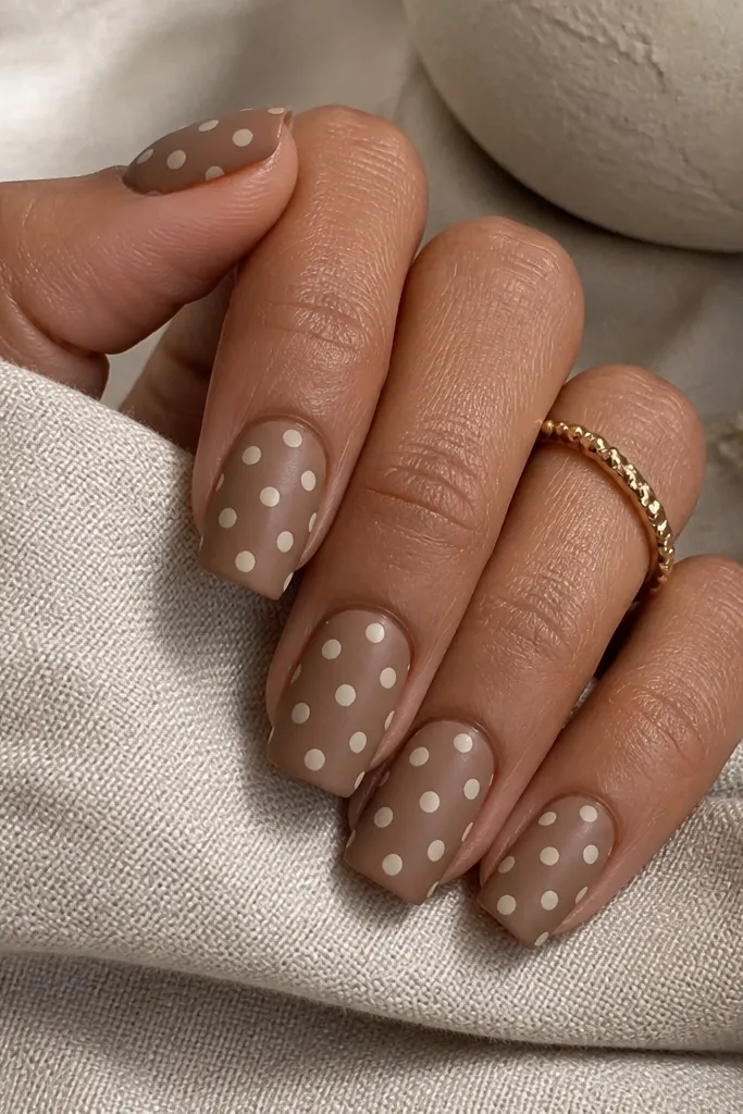 Square nails in a warm taupe-brown (slightly lighter than cocoa). Cream polka dots are medium size and scattered evenly across all nails with a soft matte finish.