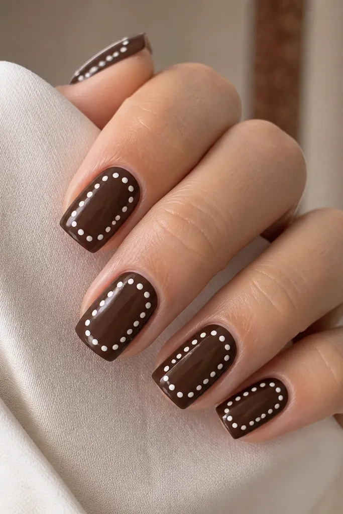Square nails where the dots look cut out: white dots appear first as a cluster, then chocolate brown paint covers everything leaving the dots outlined like a reverse pattern.