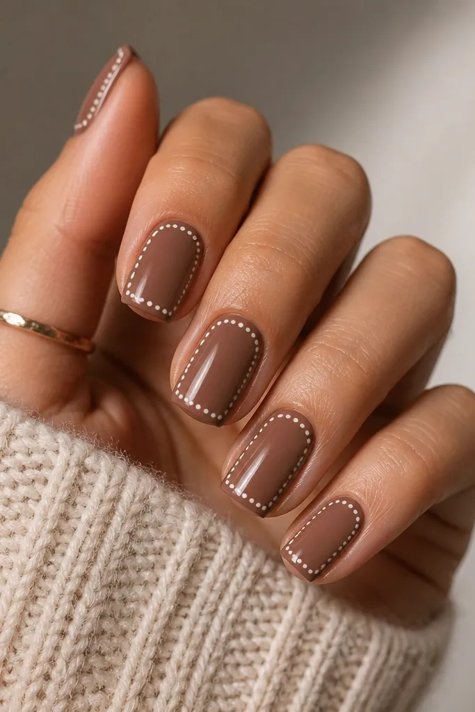 Square nails with a mocha-brown base and a thin white dot border running around the perimeter near the edges, like a frame. The center is plain brown.