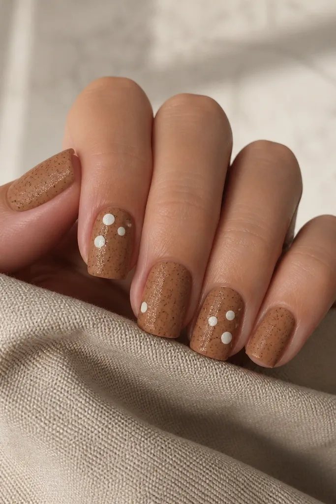 Square nails with caramel-brown base. Most of the nail has tiny speckles, and every other nail has a few large white polka dots clustered near the center.