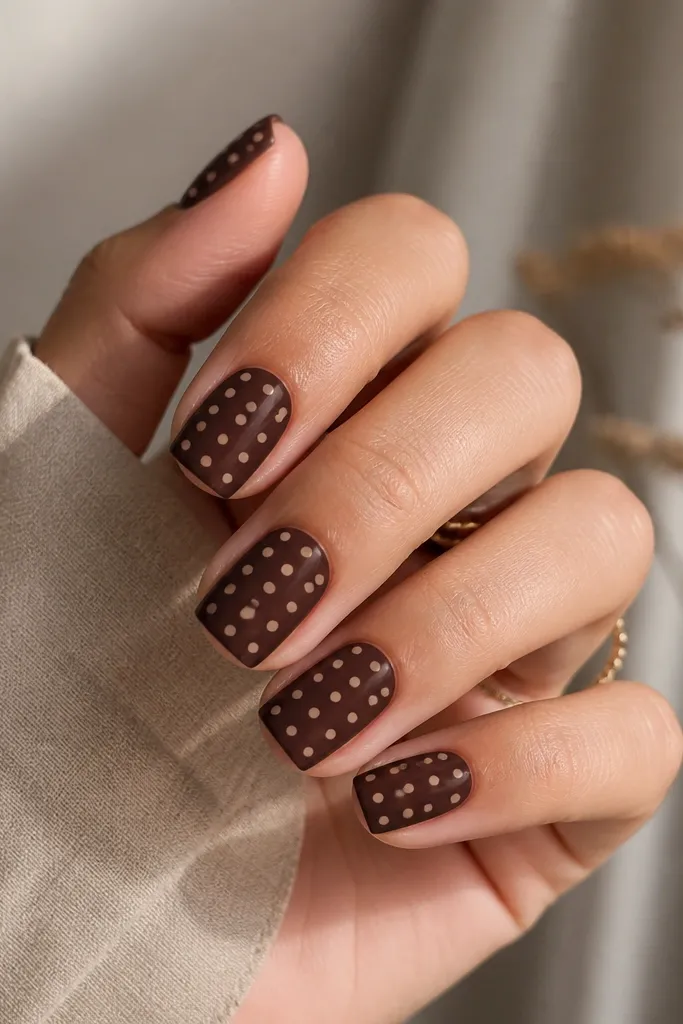 Square nails with a dark brown base. Nude-beige dots are medium and arranged in diagonal rows, giving a subtle, skin-toned pattern.