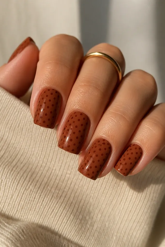 Square nails in warm cinnamon-brown. Polka dots are a slightly darker red-brown, smaller and evenly spaced, with a glossy finish.