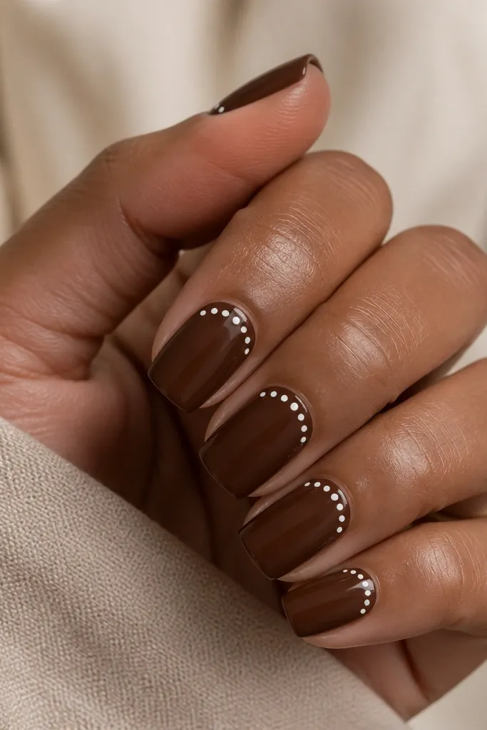 Square nails with glossy chocolate-brown base. A single row of white polka dots forms a line just under the cuticle, like a tiny necklace.