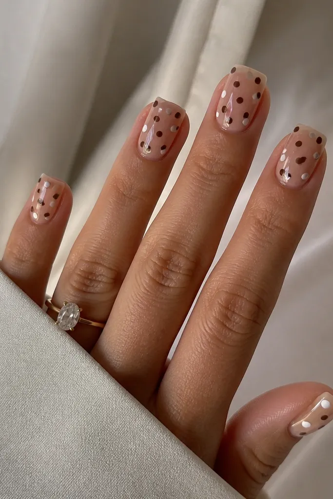 Square nails with a translucent jelly nude/clear base. Brown polka dots appear on top, plus a few white dots scattered lightly. Edges look glossy and glassy.