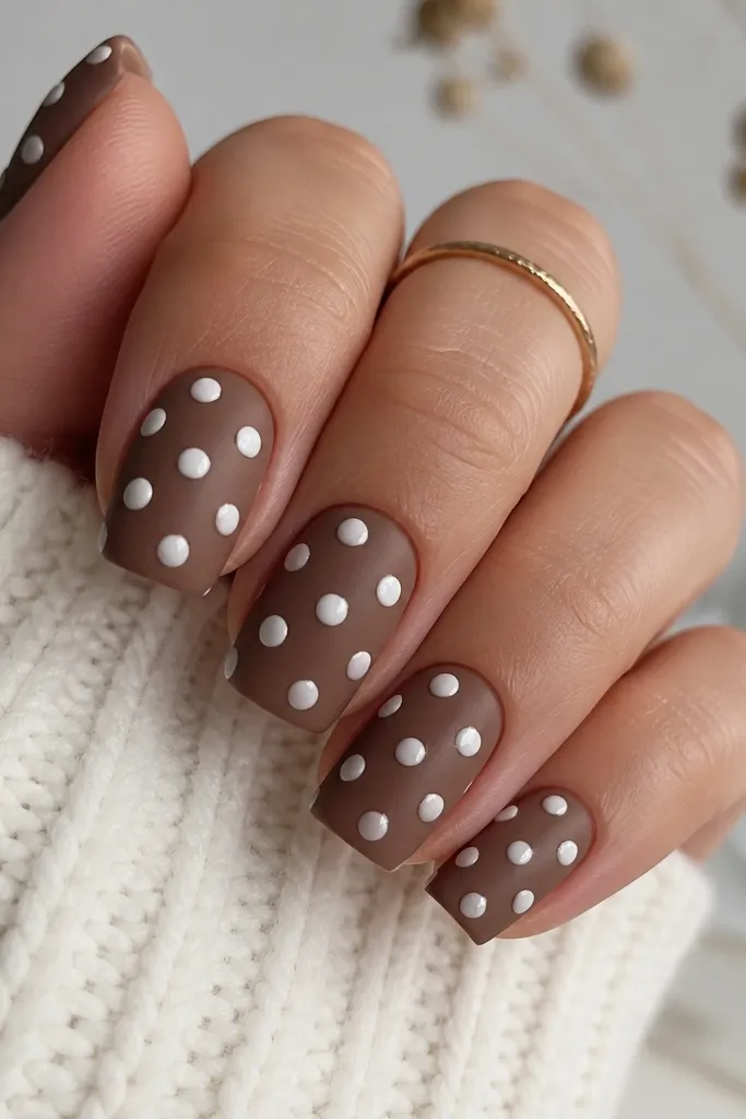 Square nails with a matte mocha-brown base. The polka dots are glossy white and stand out with a shiny dome effect on top of the matte background.