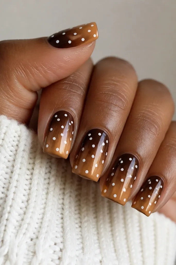 Square nails with a top-to-bottom gradient: darker chocolate near the cuticle fading to lighter caramel toward the tip. White polka dots float across the gradient in medium sizes.