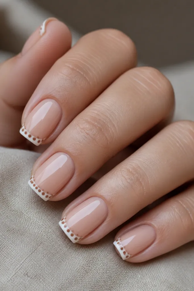 Square nails with a nude base. The tip area has a white French line, and on top of the French tip there are small brown polka dots, creating a dotted tip border.