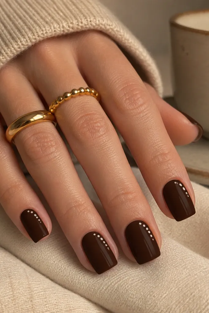 Square nails in espresso brown. White dots appear only in the corner zones: one diagonal cluster near the upper right and lower left edges, leaving most of the nail plain.