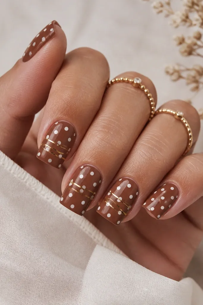 Square nails with warm brown base. White polka dots cover most nails, and two nails have thin gold striping lines crossing between dot rows.