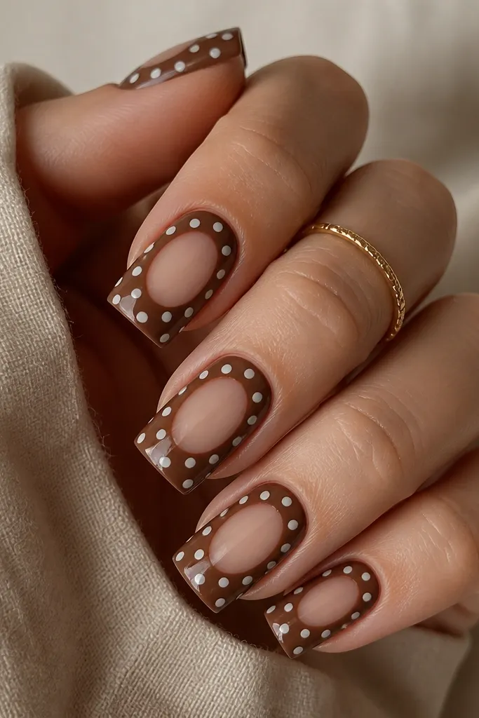 Square nails with a brown base and a clear oval center area left bare. Around the clear oval are medium white polka dots, with the oval acting like a negative-space "window."