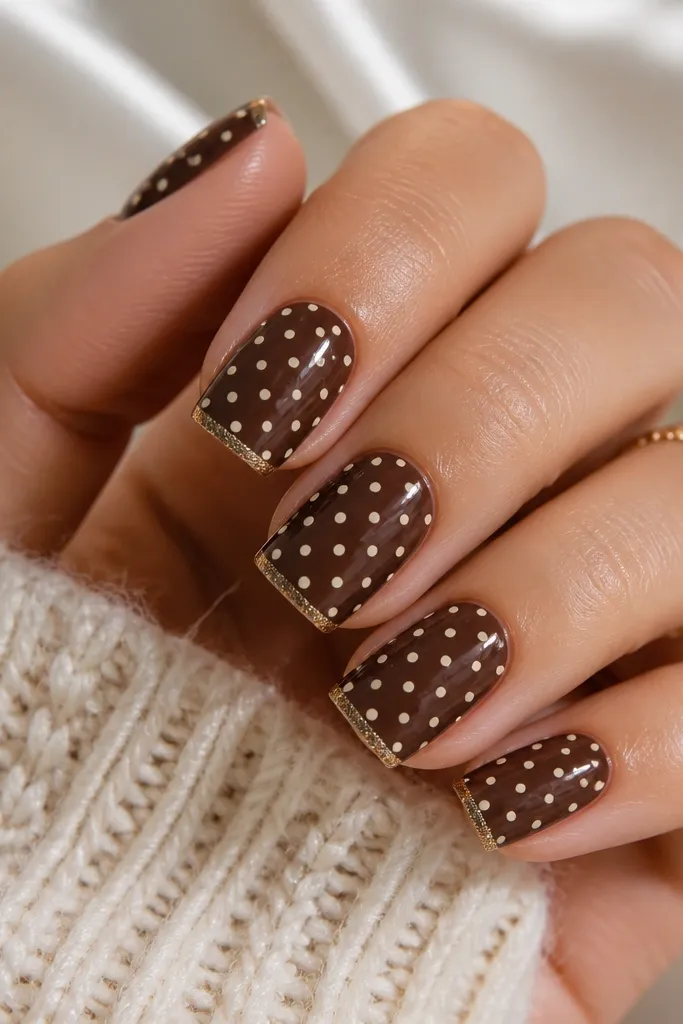 Square nails in glossy chocolate brown. Cream polka dots cover most of each nail, and a thin band of micro gold glitter sits just along the very tip edge.