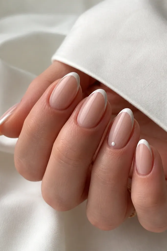 Short stiletto nails painted milky nude with ultra-thin white French tips that taper into a small point; glossy top coat; one accent nail has a tiny white dot near the cuticle.