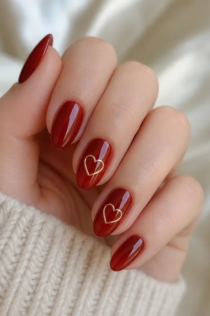 Short stiletto nails with a translucent cherry red jelly look; two nails have small gold outlined hearts near the center; other nails have a faint glossy shine; gold details are crisp.