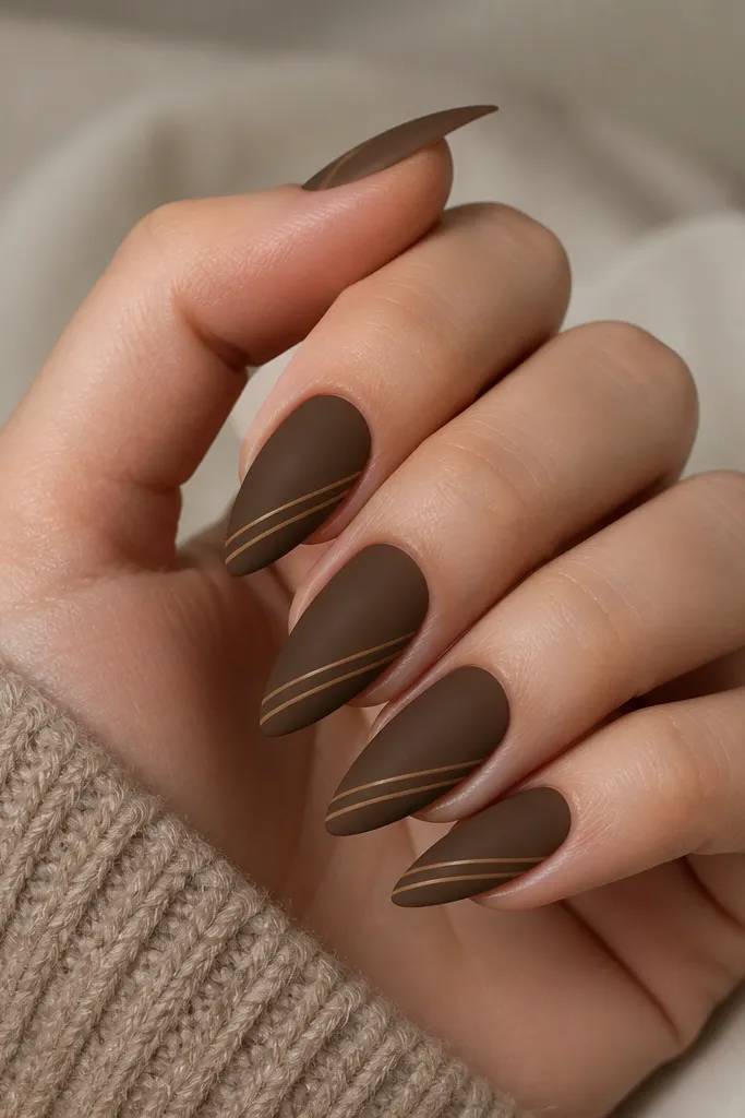 Short stiletto nails in a matte chocolate brown; each nail has one or two thin tan micro-lines running diagonally from lower side to tip; crisp edges; no shimmer.