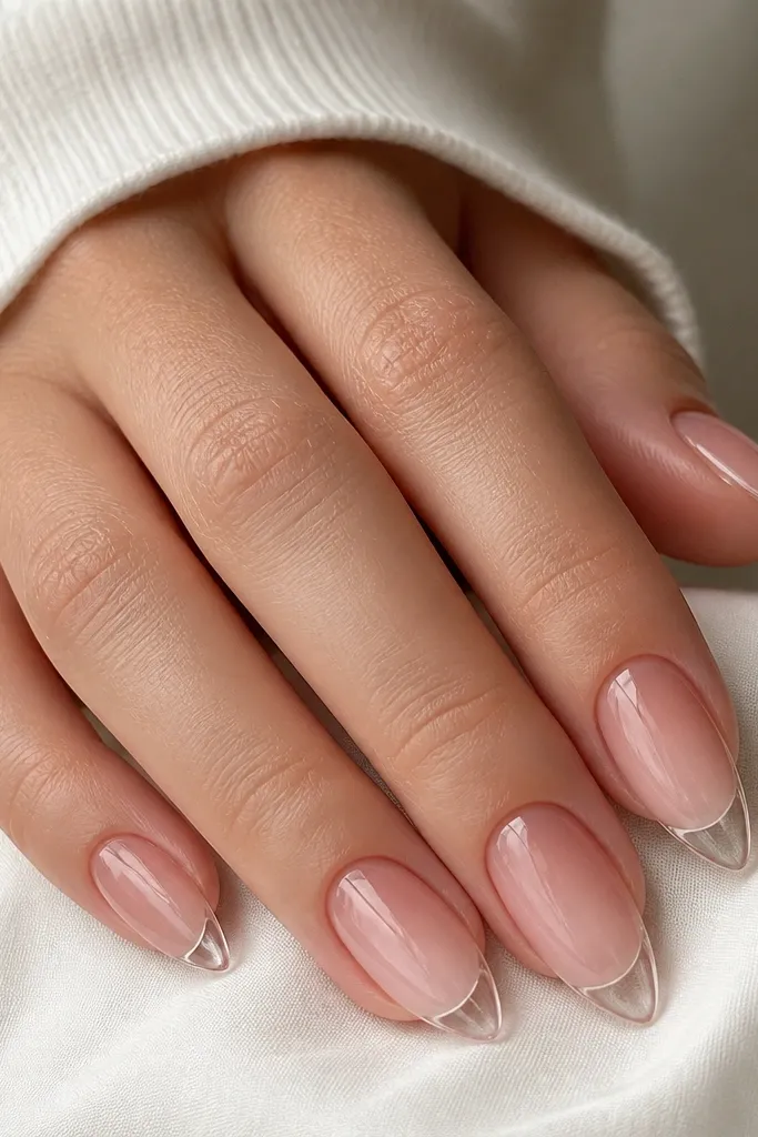 Short stiletto nails with a rose nude ombré that fades from the cuticle to a lighter center; the tip is left clear or nearly clear with a glossy finish; overall looks airy and clean.