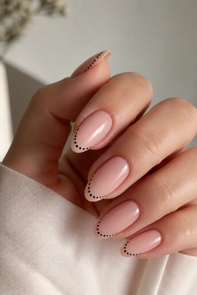 Short stiletto nails in nude pink; the tips are outlined with tiny black dots forming a dotted French edge; glossy finish; clean and minimal.