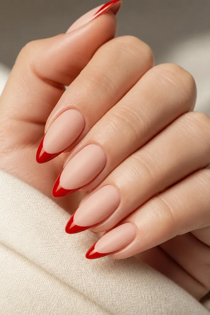 Short stiletto nails with matte nude base; each nail has a glossy red half-moon at the tip that covers the outer point area; the inside near the center stays nude.