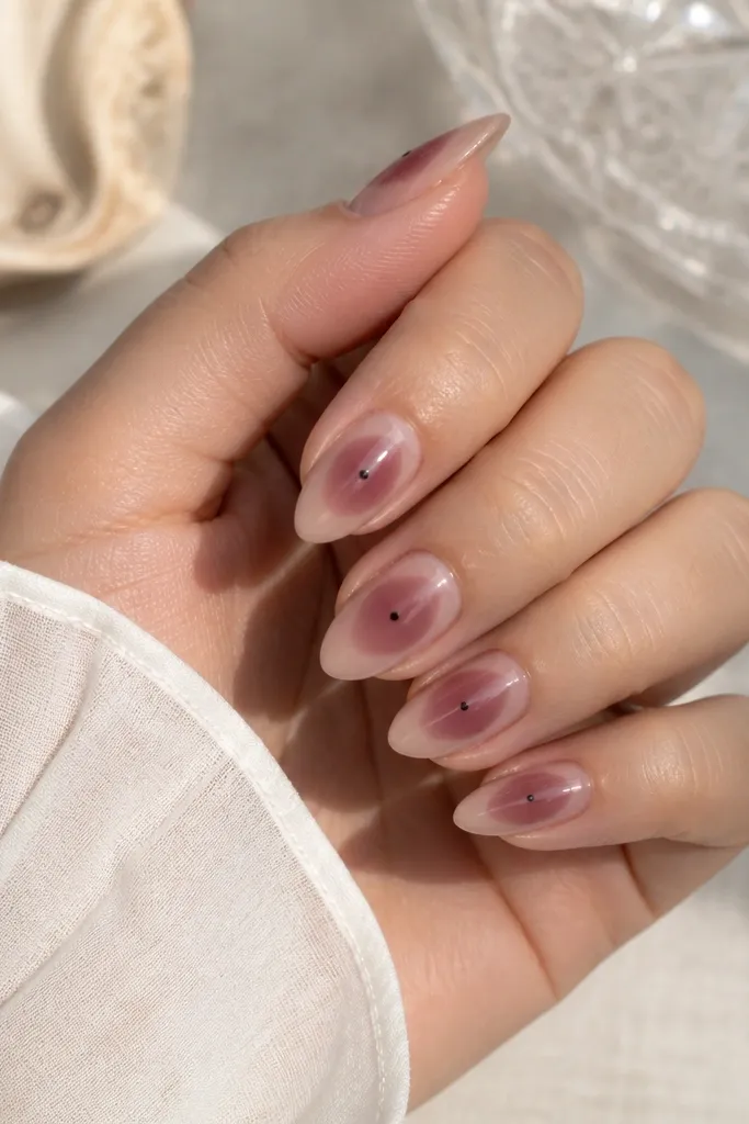 Short stiletto nails with a soft plum aura around the center of each nail; the center has a tiny black dot; edges fade into a nude base; glossy top coat.
