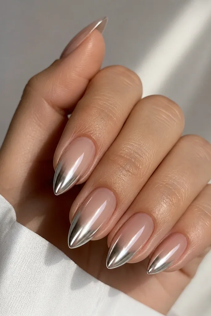 Short stiletto nails with nude base fading into a chrome half-tip; chrome starts around mid-nail and becomes stronger at the tip; mirror-like shine; clean edges.