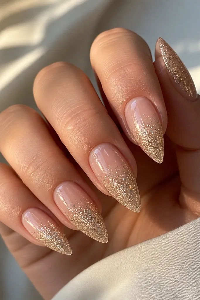 Short stiletto nails with a clear or sheer nude base; champagne glitter fades from the tip upward; around the cuticle there is a clear halo ring with no glitter; glossy top coat.