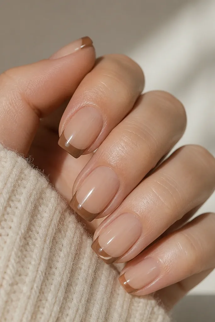 A set of short squoval nails with a creamy milk-chocolate French tip. Between the tip and the nude base there is a thin nude line, like a micro border, and everything is glossy.