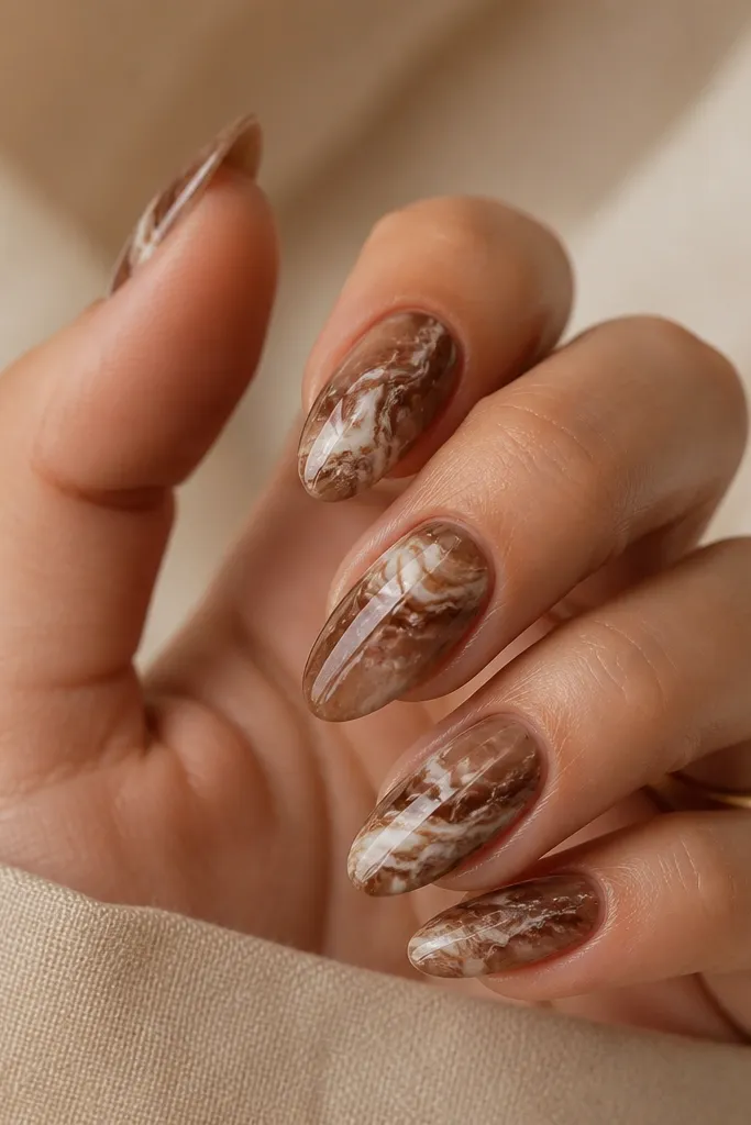 Medium square nails with a latte-brown marble base. Thin white veins branch across two nails more clearly, and the overall finish is glossy with a smooth, stone-like look.
