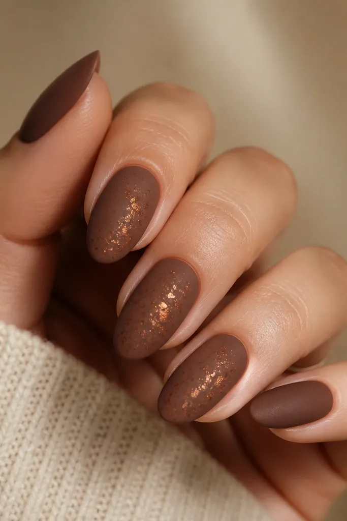 Short squoval nails painted burnt umber and finished matte. A few nails have tiny copper metallic flecks concentrated near the center, scattered like warm sparks.