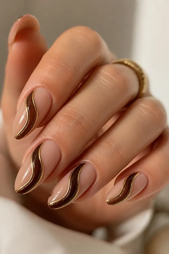 Almond nails with a nude base. Dark chocolate swirls run diagonally across each nail, and each swirl line has a thin gold outline. Glossy finish.